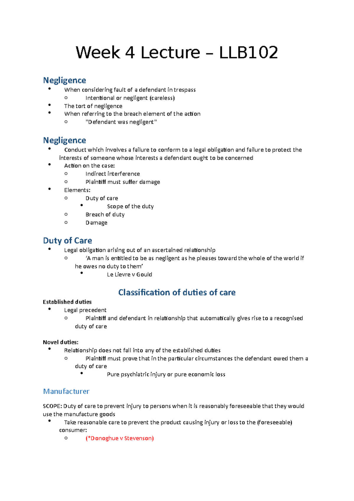 W4 Lecture - LLB102 - Notes - Week 4 Lecture – LLB Negligence When ...