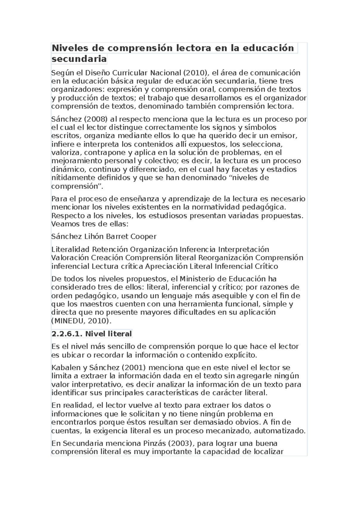 Niveles de comprensión lectora en la educación secundaria - Niveles de ...