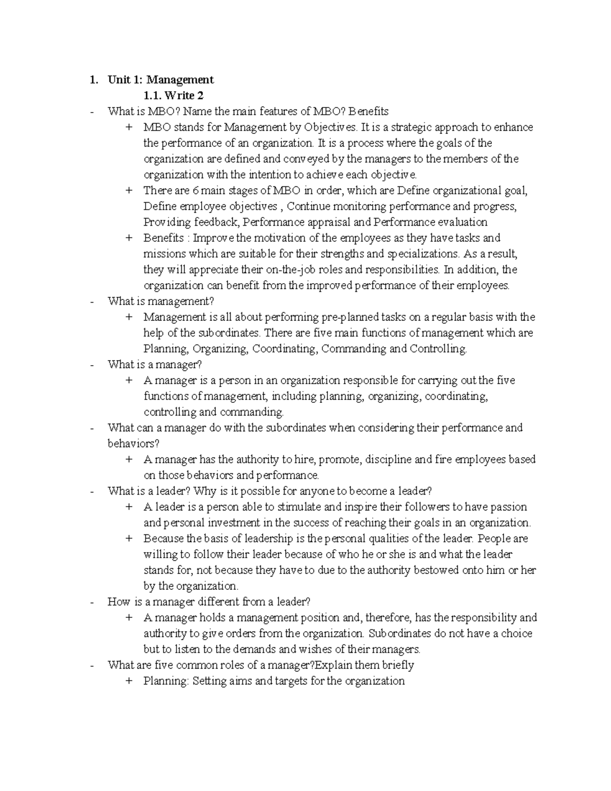 Writing-ESP1 - Unit 1: Management Write 2 What is MBO? Name the main ...