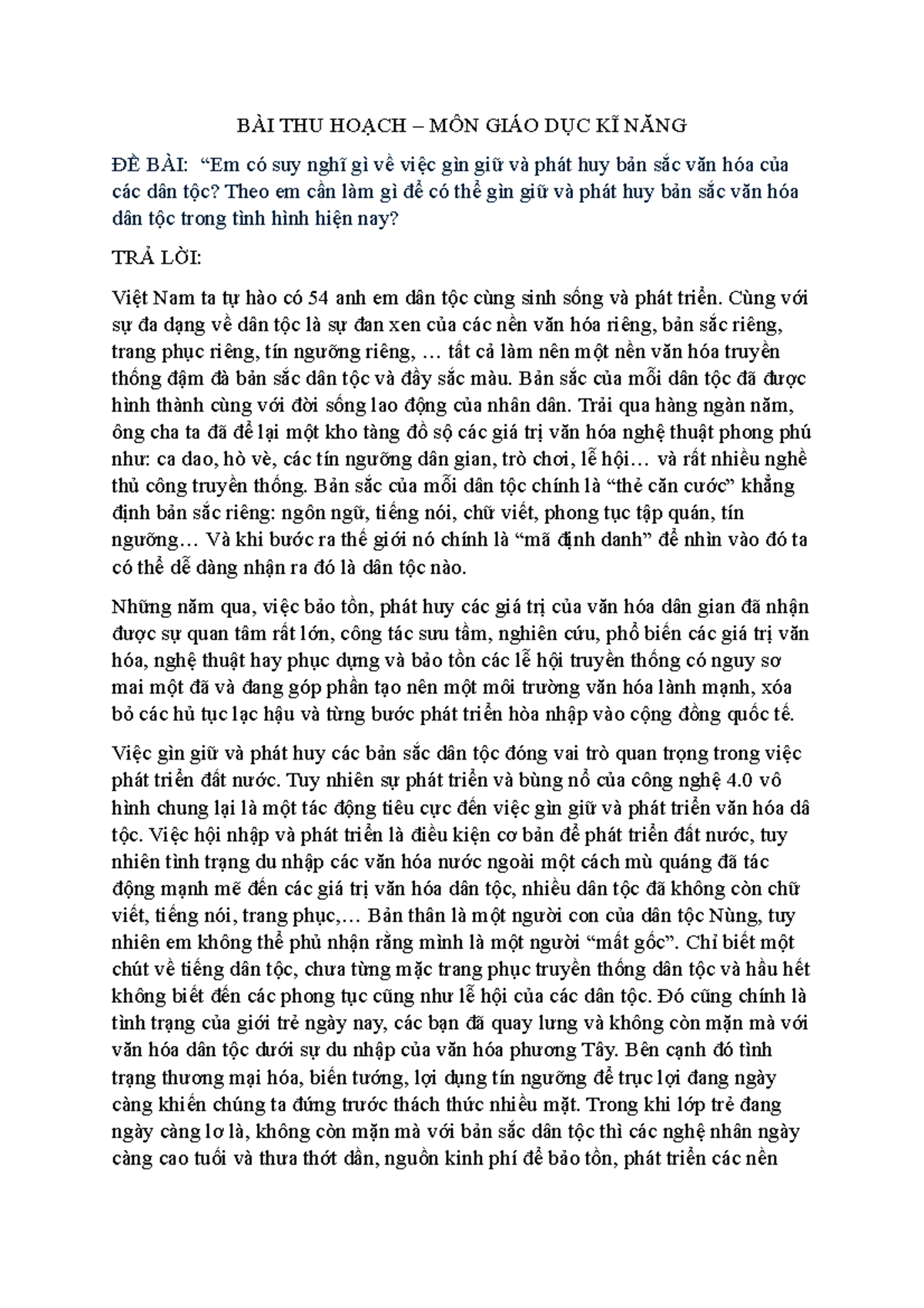 BÀI THU HOẠCH - BÀI THU HOẠCH – MÔN GIÁO DỤC KĨ NĂNG ĐỀ BÀI: “Em có suy ...