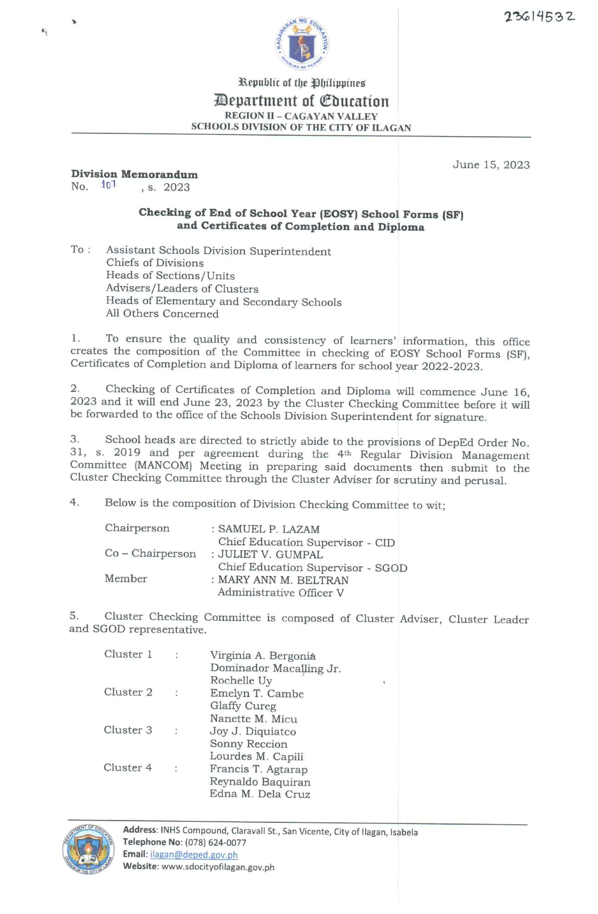 Division Memorandum NO. 107 S, 2023 Checking OF END OF School YEAR ...