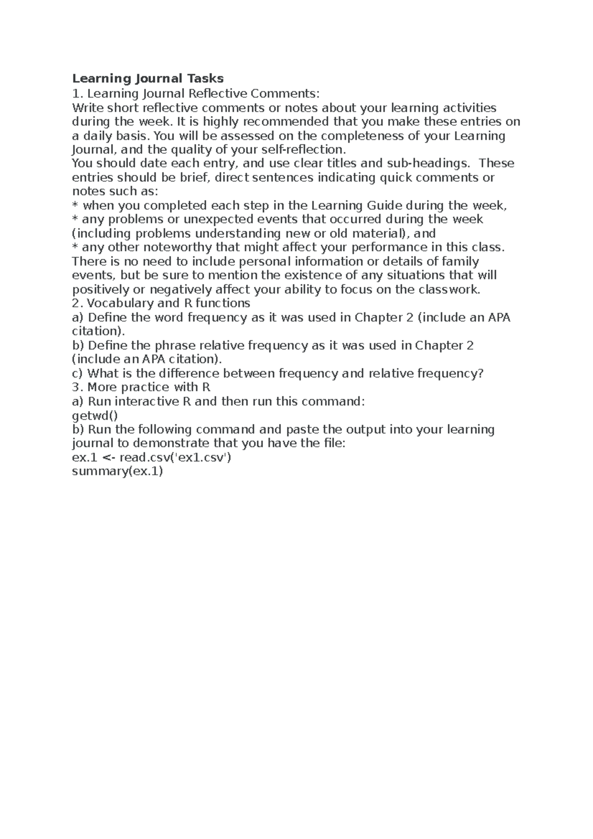 Learning Journal Question Unit 1 - Learning Journal Tasks Learning ...