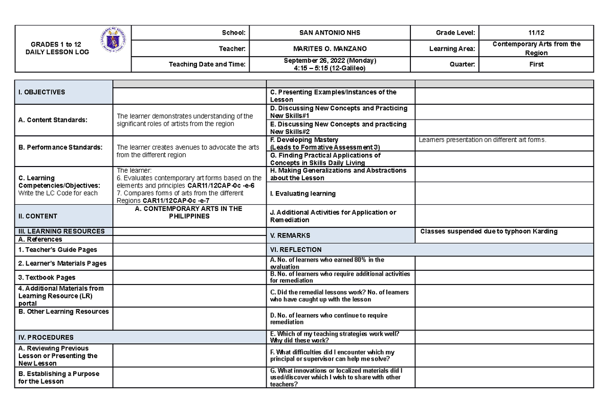 Week 4 Contemorary Arts - GRADES 1 to 12 DAILY LESSON LOG Teacher ...