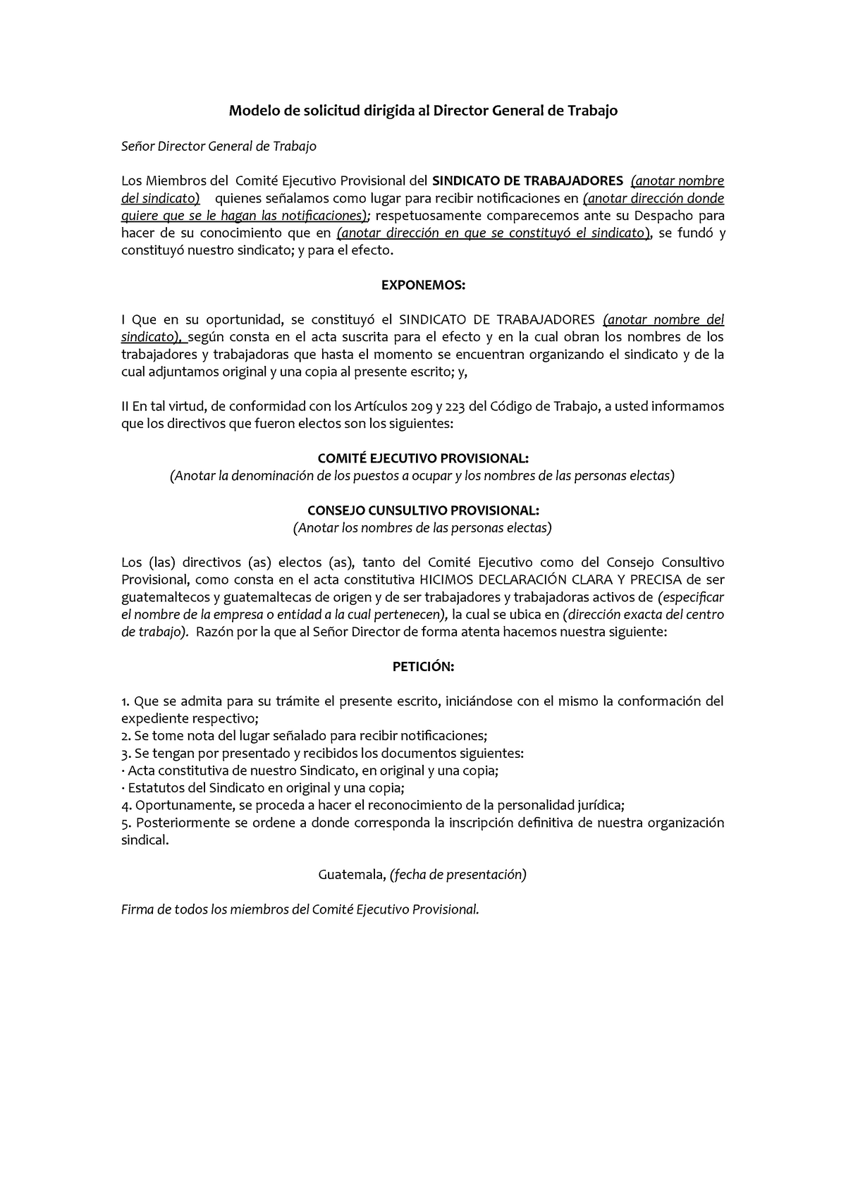 Documentos para inscripcion de Sindicato - Modelo de solicitud dirigida al  Director General de - Studocu