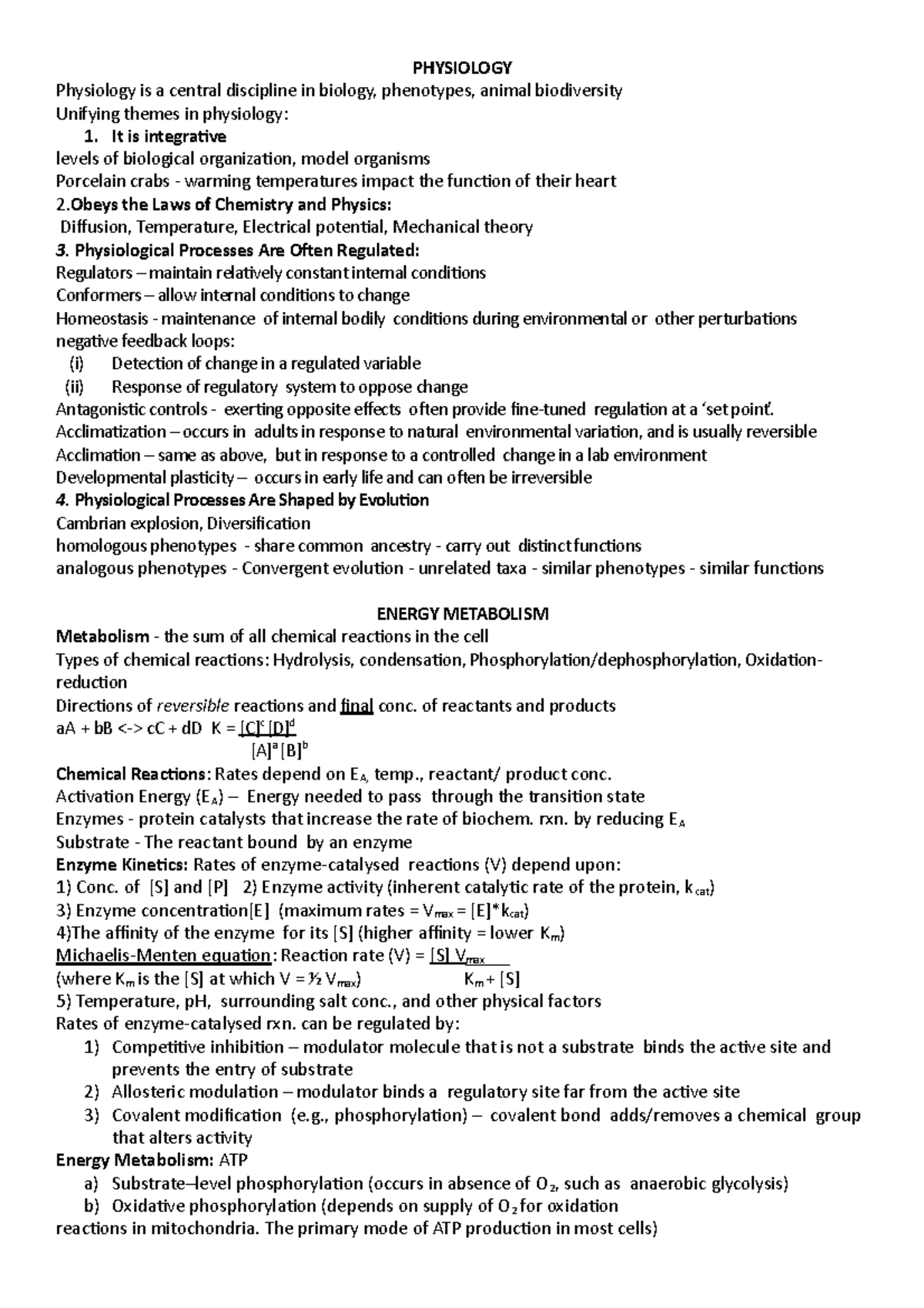 Bio 2a03 test 1 - lecture notes for bio2ao3 - PHYSIOLOGY Physiology is ...