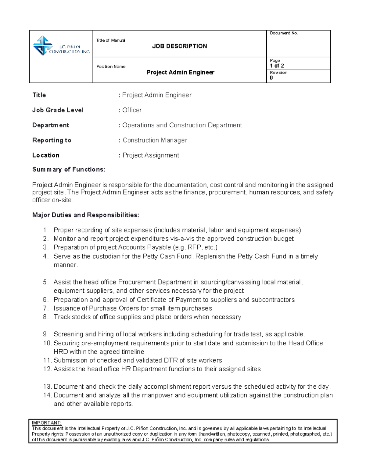 ProjectAdminEngineer Title of Manual JOB DESCRIPTION Document No