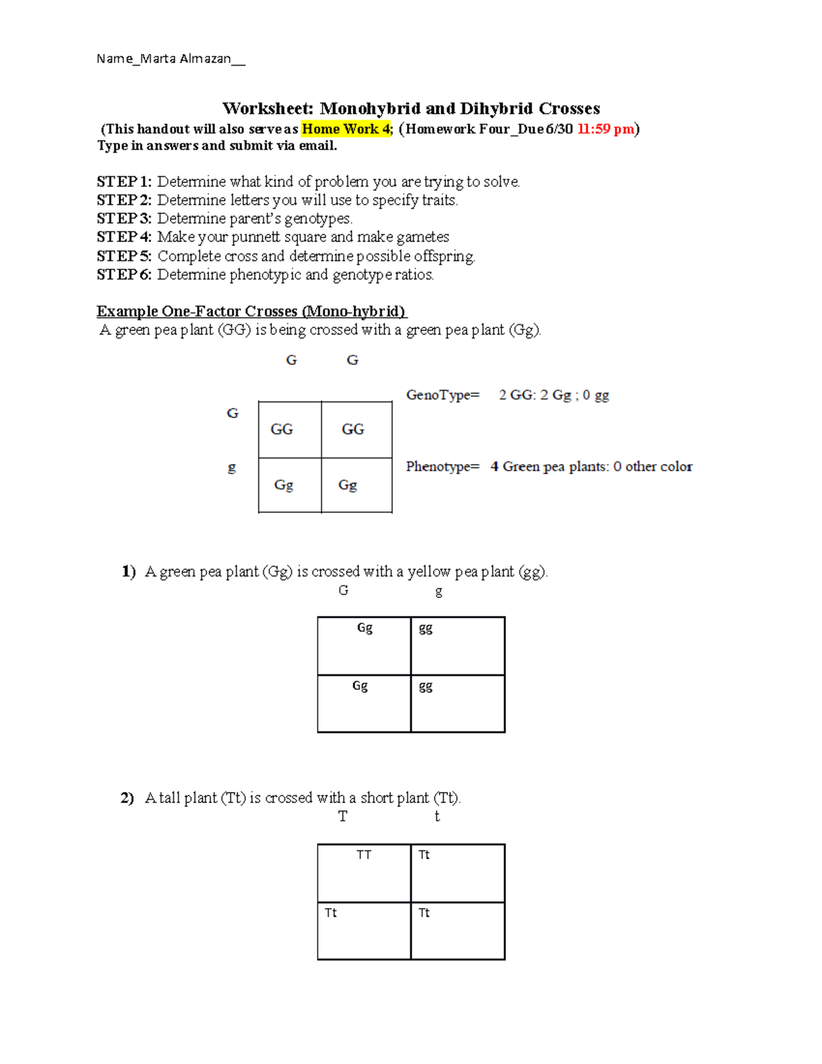 Crosses WS - Lecture notes - Worksheet: Monohybrid and Dihybrid Crosses ...