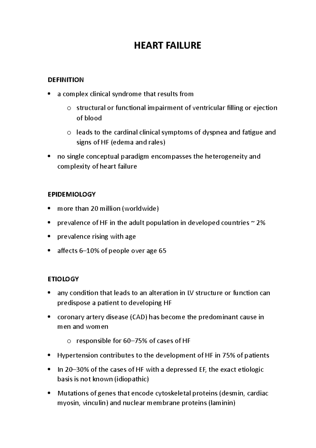 Heart failure - Lecture notes 14 - HEART FAILURE DEFINITION a complex ...