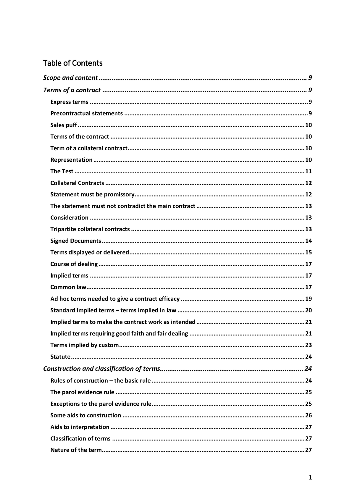 Contract Law Notes - Ta ble of Co ntents Scope and content Terms of a ...