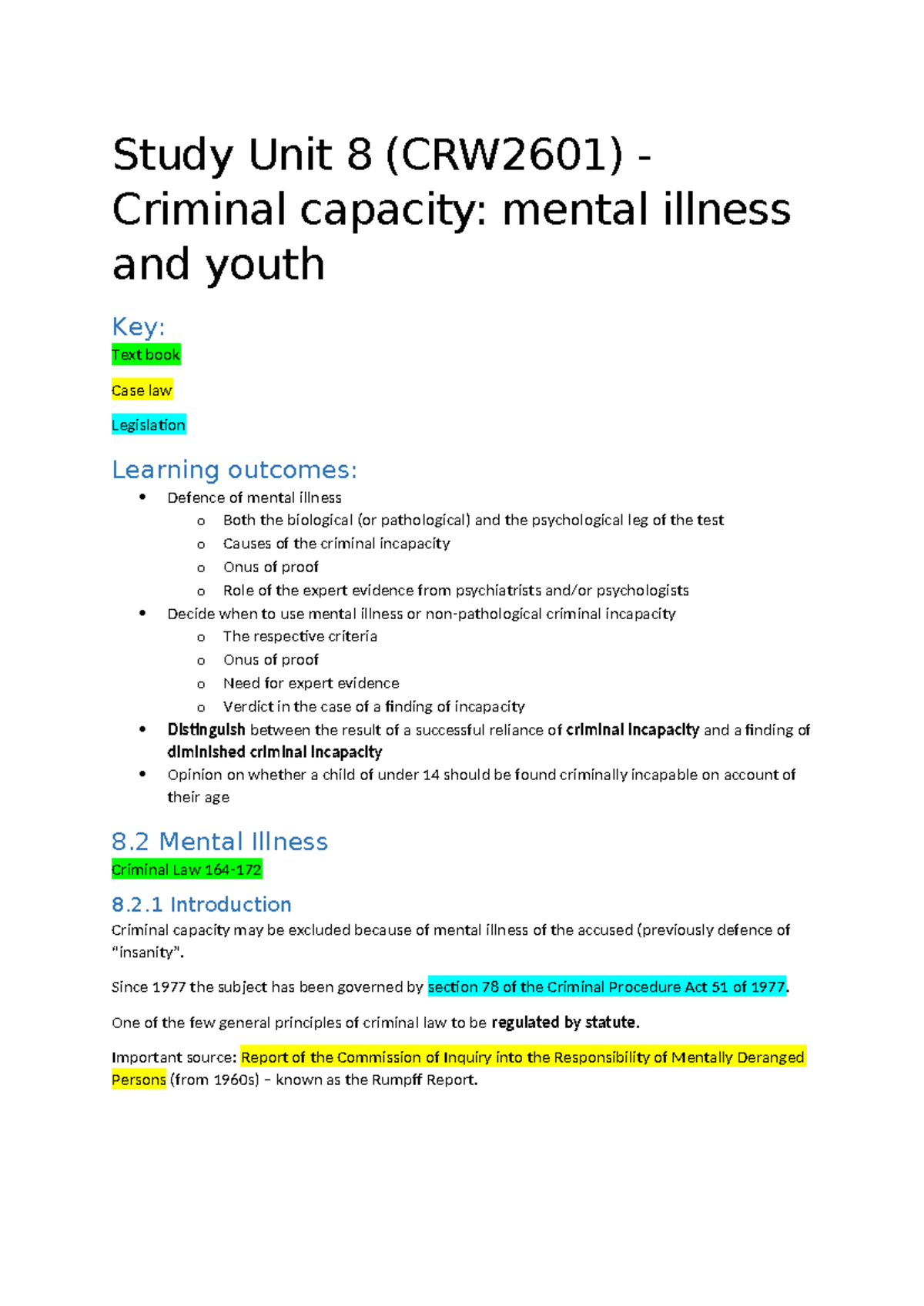CRW2601 Study Unit 8 Criminal Capacity mental illness and youth Copy ...