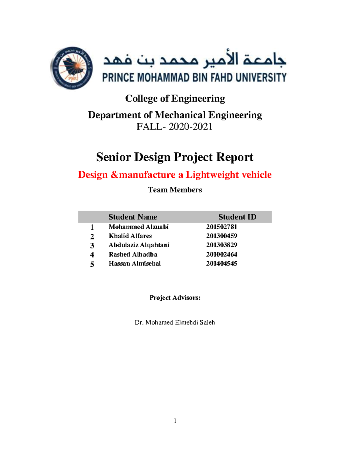 Design manufacture lightweight vehicle report - College of Engineering ...