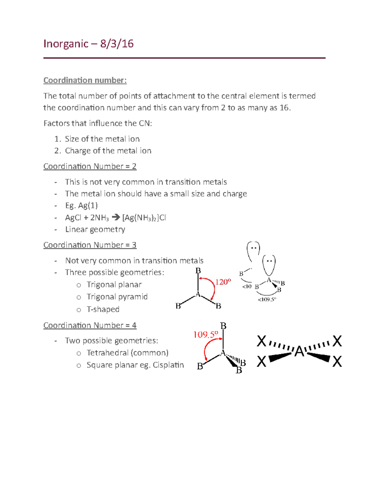 Inorganic – lecture 3 - Inorganic – 8/3/16 Coordination number: The ...