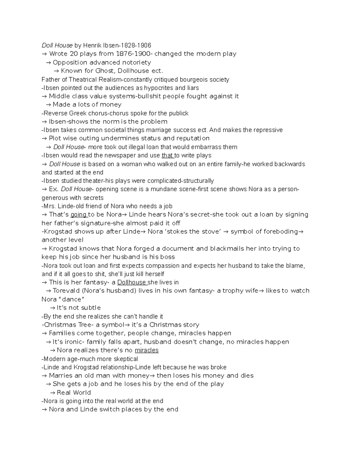 A Doll House Lecture Notes for World Lit Survey Two with Professor