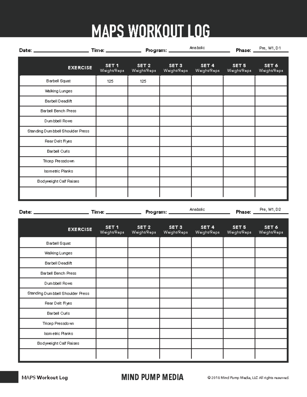 MAPS Anabolic round 1 Workout Log - EXERCISE Weight/RepsSET 1 Weight ...