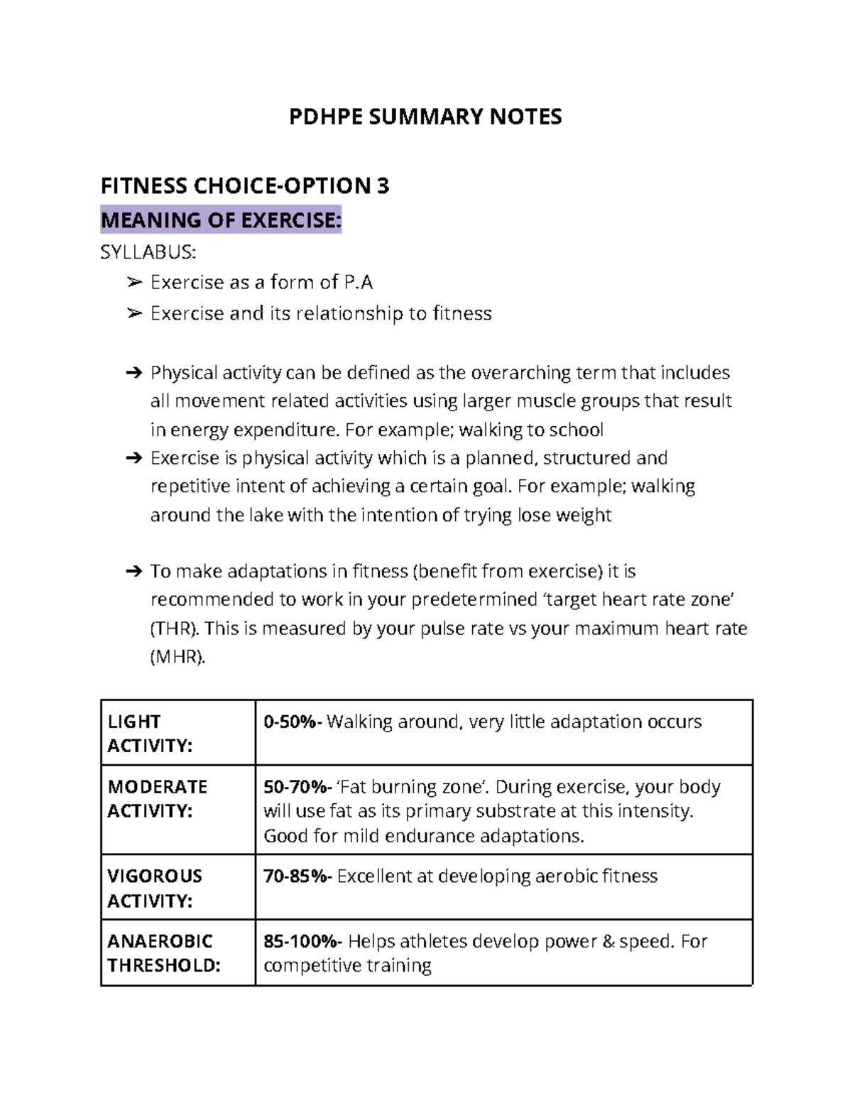 Pdhpe Summary Notes 2023 PDHPE SUMMARY NOTES FITNESS CHOICEOPTION 3 MEANING OF EXERCISE