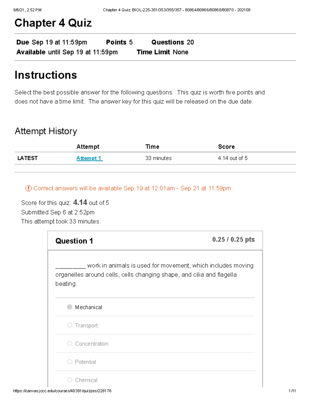 Chapter 4 Quiz - Quiz - BIOL 225 - JCCC - Studocu