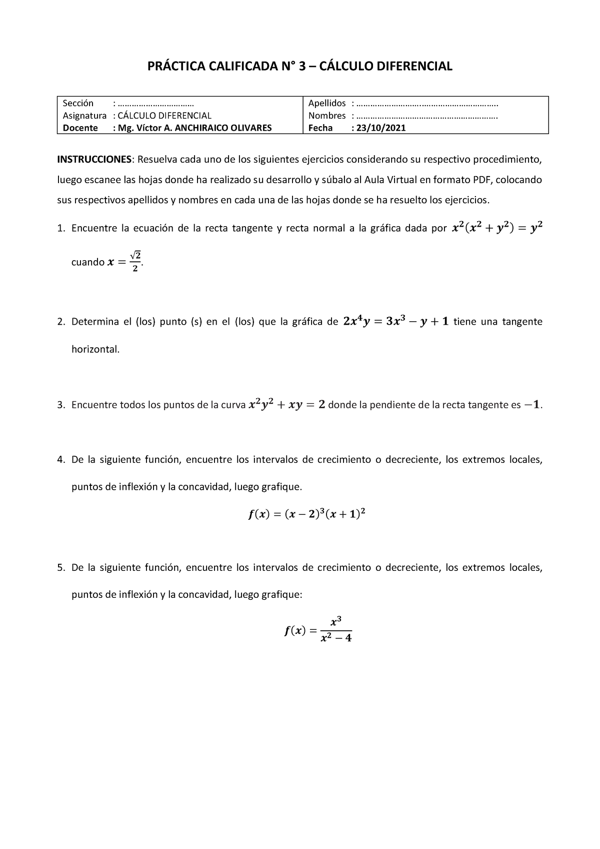 Práctica Calificada N° 3 - Cálculo Diferencial - PR¡CTICA CALIFICADA N∞ ...