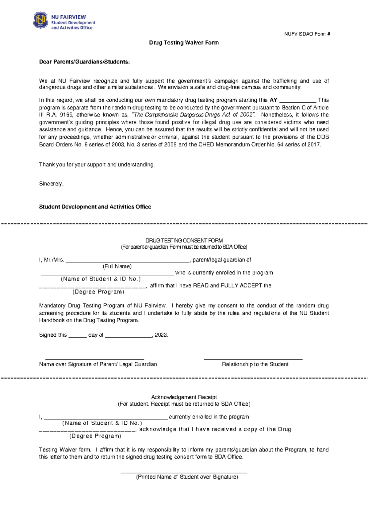 Download - bbminbgfdsfghjklkcff - NUFV-SDAO Form # Drug Testing Waiver ...