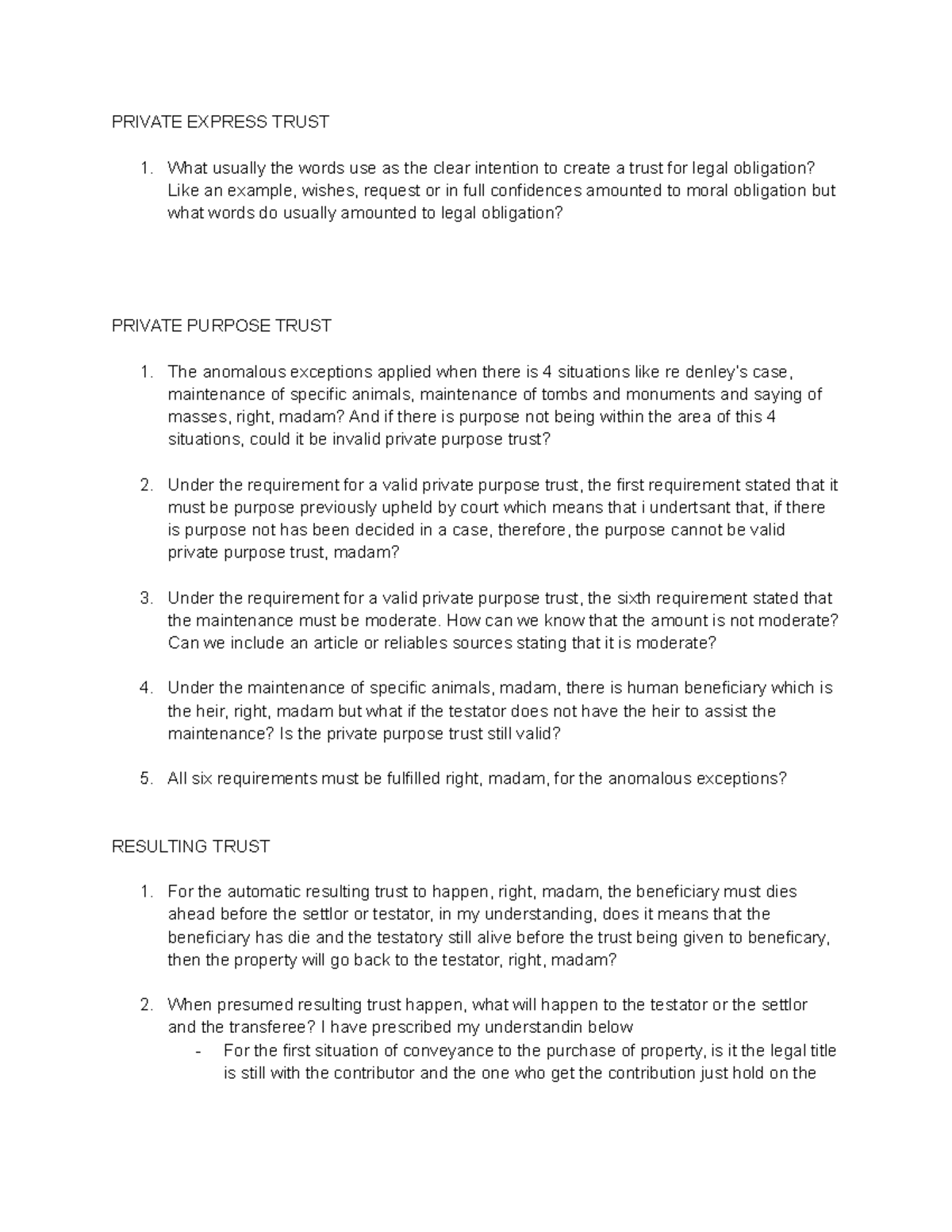 Question For Practice law505 PRIVATE EXPRESS TRUST What Usually The