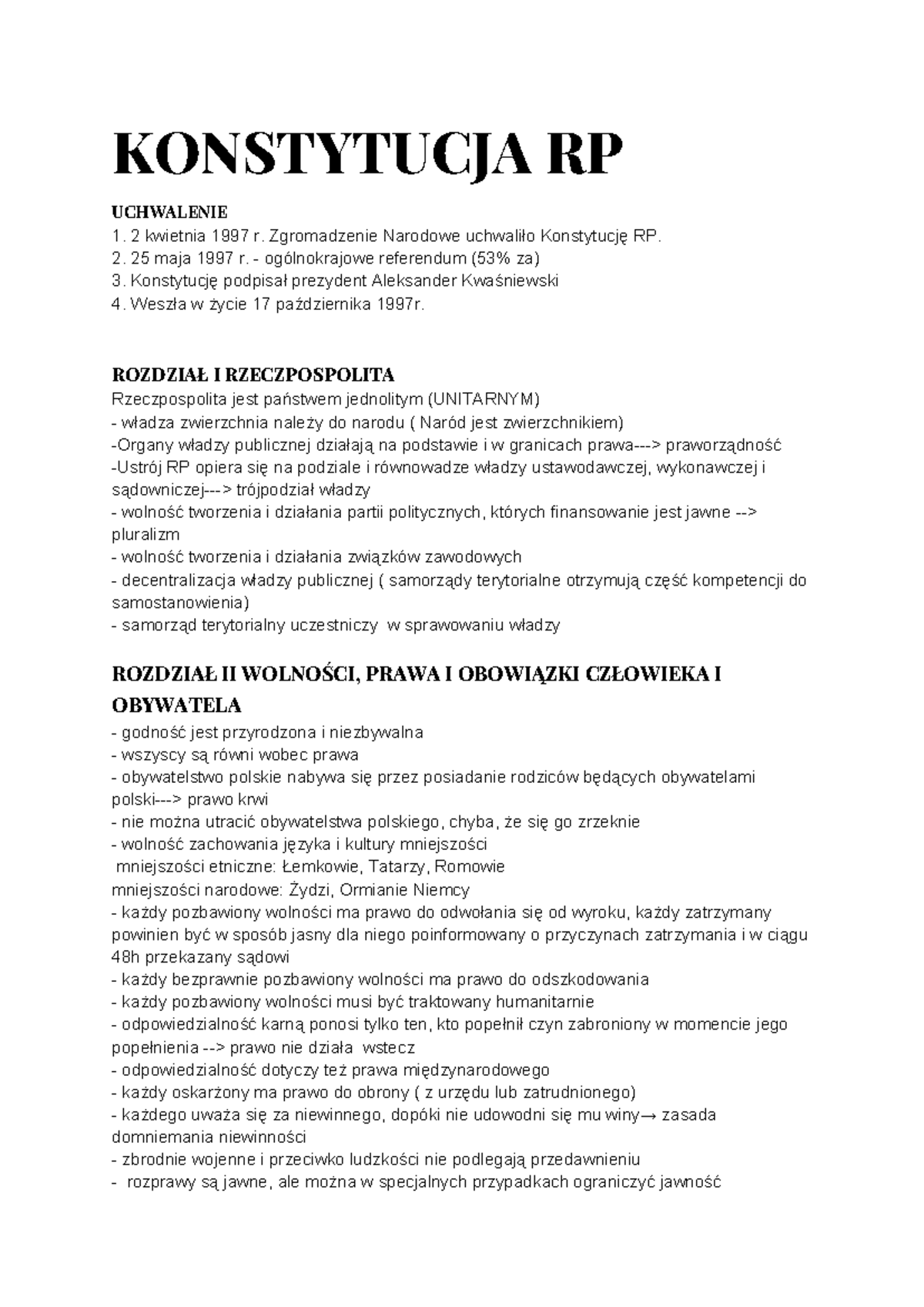 Konstytucja Notatka - opracowanie konstytucji - KONSTYTUCJA RP
