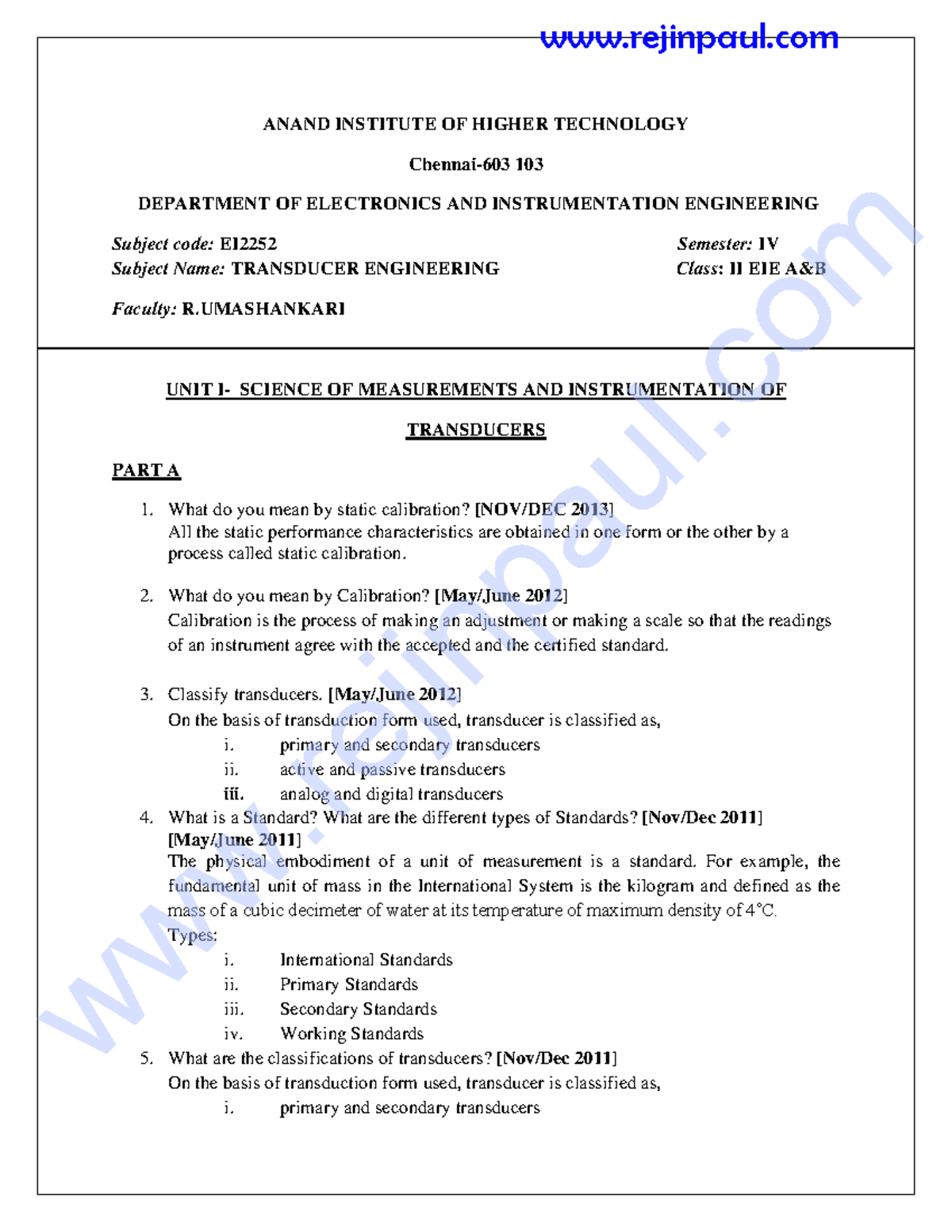 Transducer Engineering qb - ANAND INSTITUTE OF HIGHER TECHNOLOGY ...