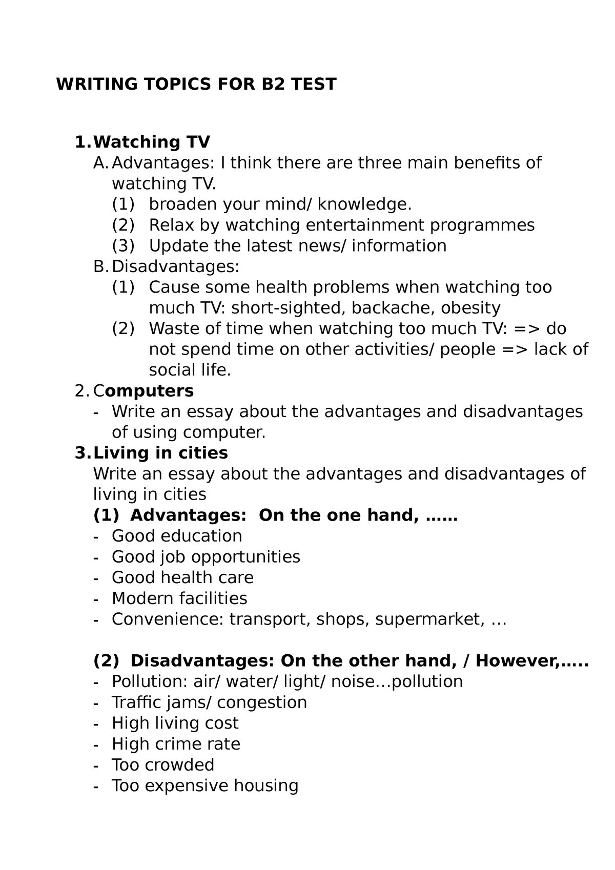 Writing Topics FOR B2 TEST - WRITING TOPICS FOR B2 TEST 1 TV A ...