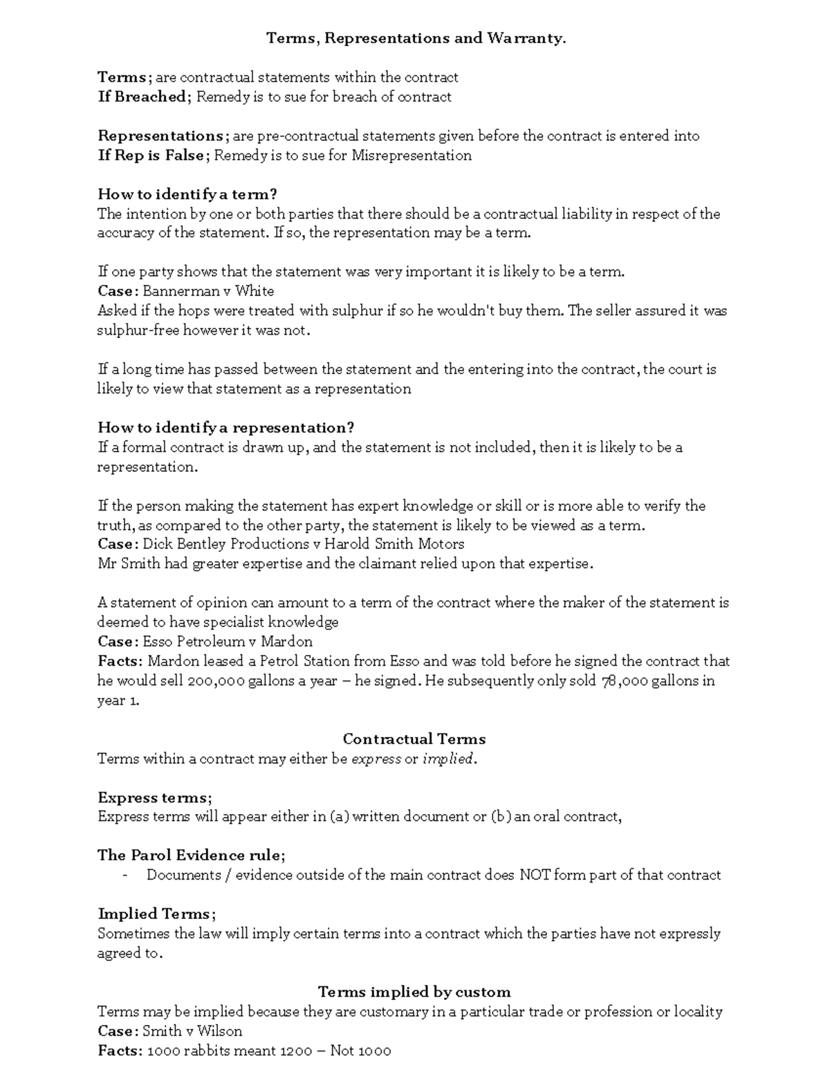 Terms, Warranty Terms, Representations and Warranty. Terms; are