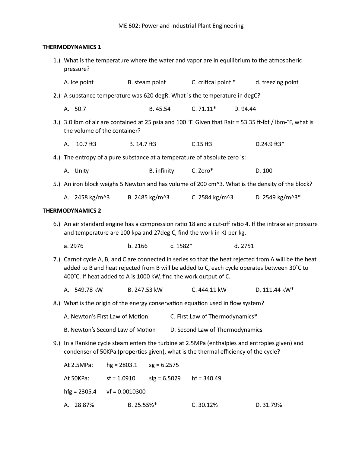 Me 602-3 - PROBLEM SETS - THERMODYNAMICS 1 1.) What is the temperature ...