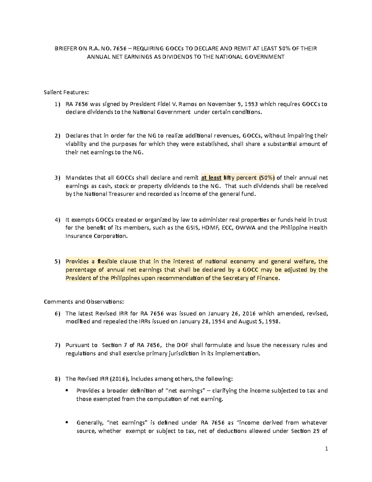 Dividends Law RA7656 - this gives the source of the revenue for ...