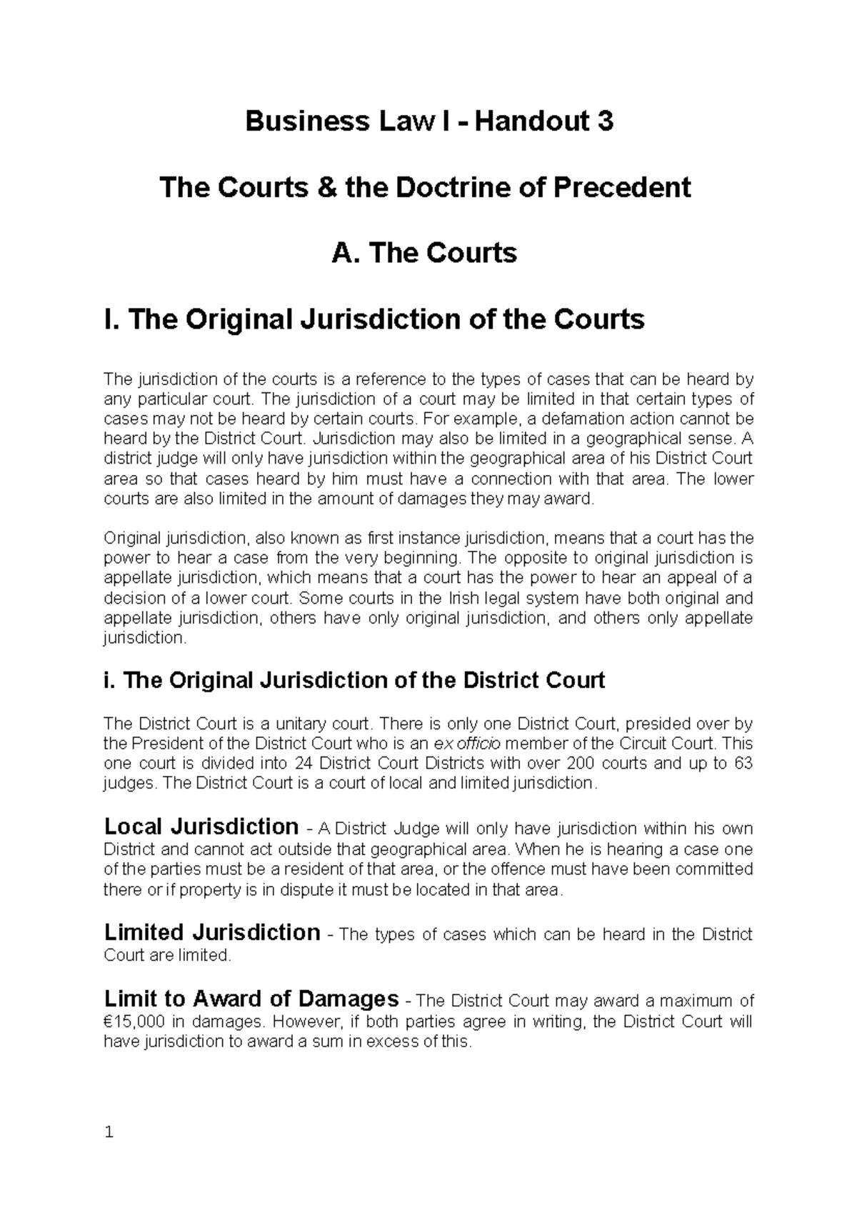 Business Law Handout 3 - The Courts And Precedent - Business Law I 