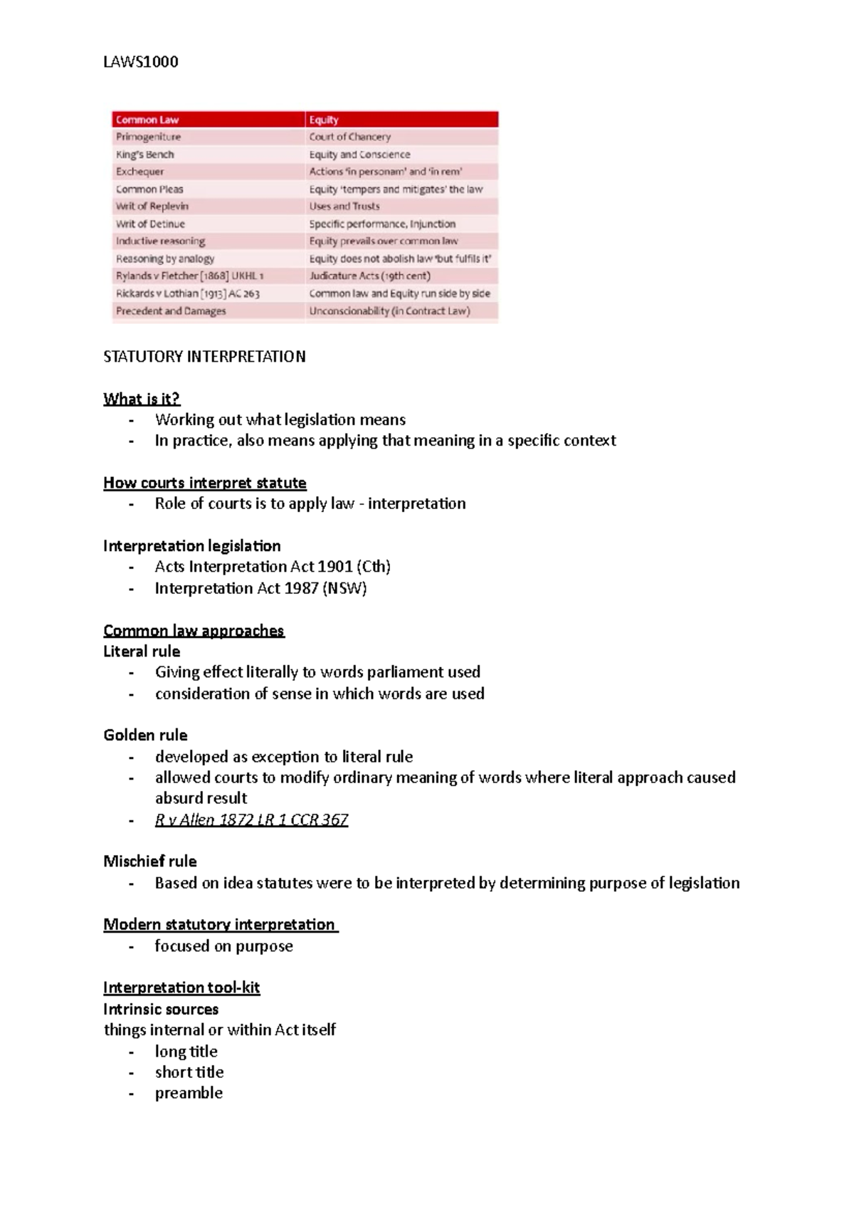 LAWS1000 lecture notes - STATUTORY INTERPRETATION What is it? - Working ...