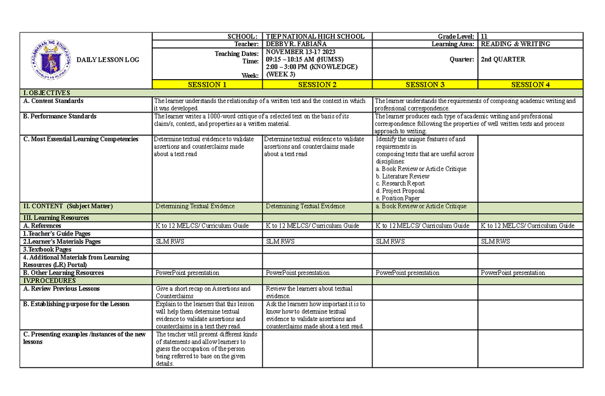 RW DLL WEEK 3-Q2 - DAILY LESSON LOG R&W - DAILY LESSON LOG SCHOOL: TIEP ...