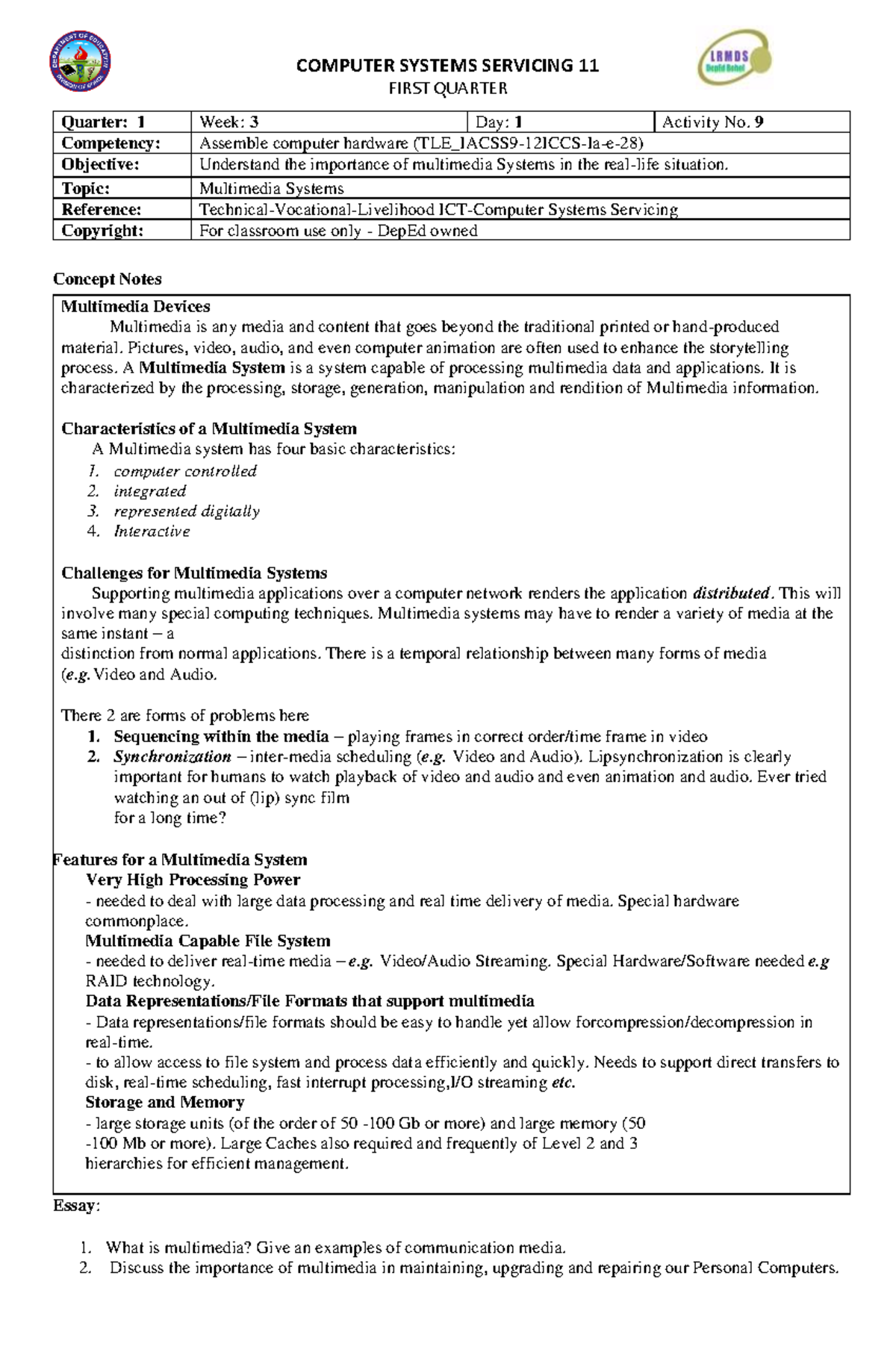 TLE TVL 9-12IA CSS Q1 WK3DAY1 4 - FIRST QUARTER Concept Notes ...