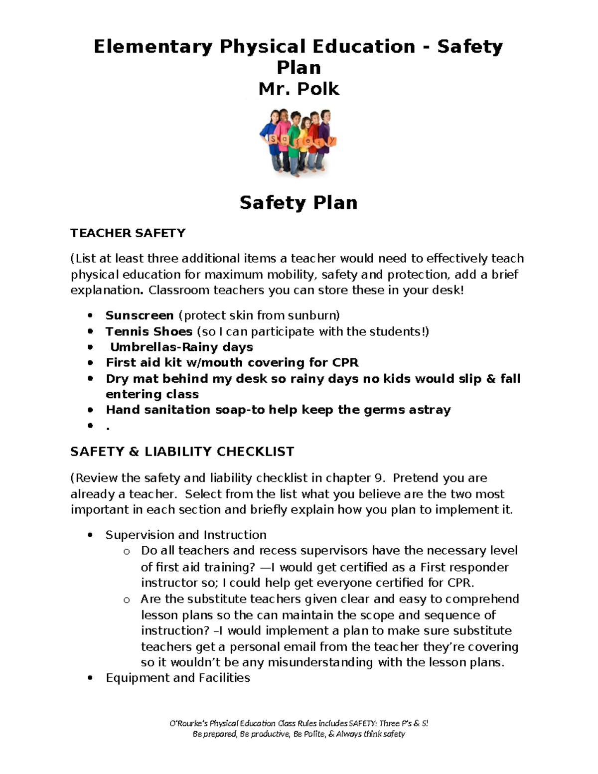 KIN363 W7 Safety Plan Elementary Physical Education Safety Plan Mr