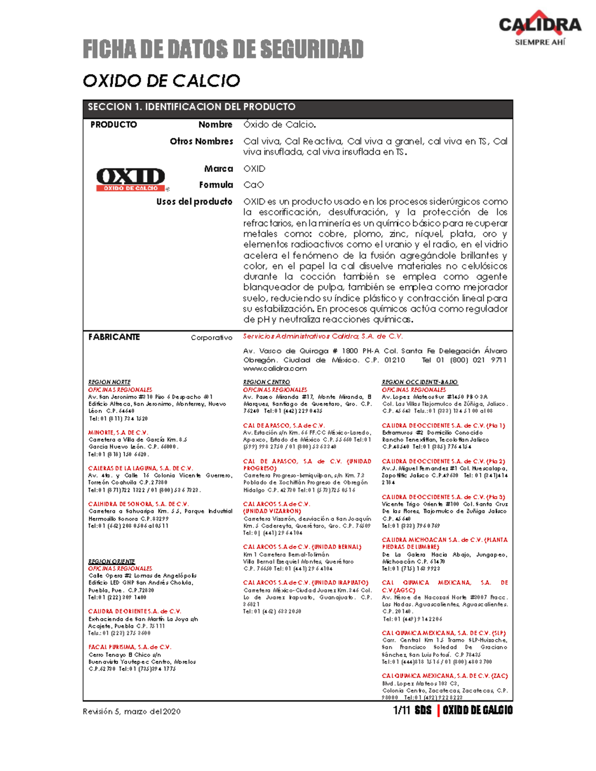 HDS Oxido Calcio - Hoja de datos de seguridad - OXIDO DE CALCIO SECCION