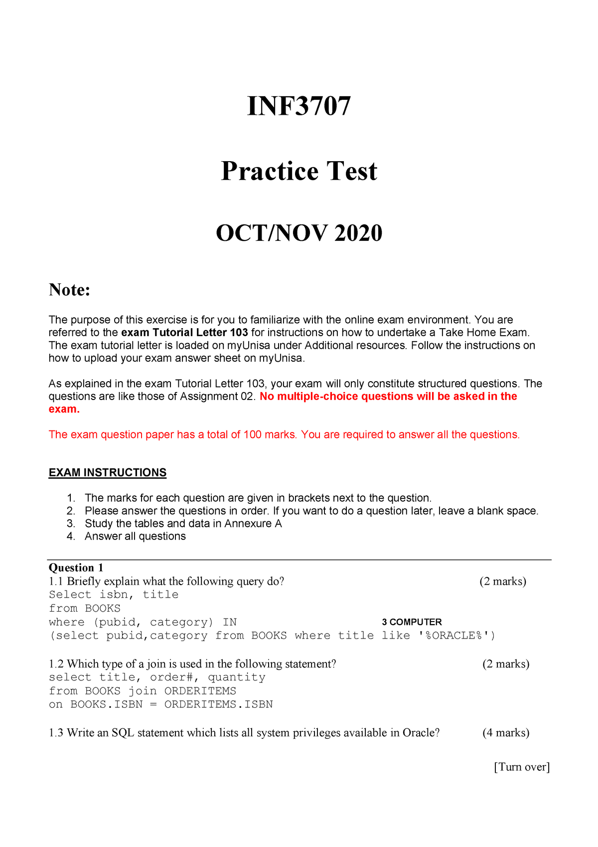 INF3707-2020-Practice Exam - [Turn Over] INF Practice Test OCT/NOV 2020 ...