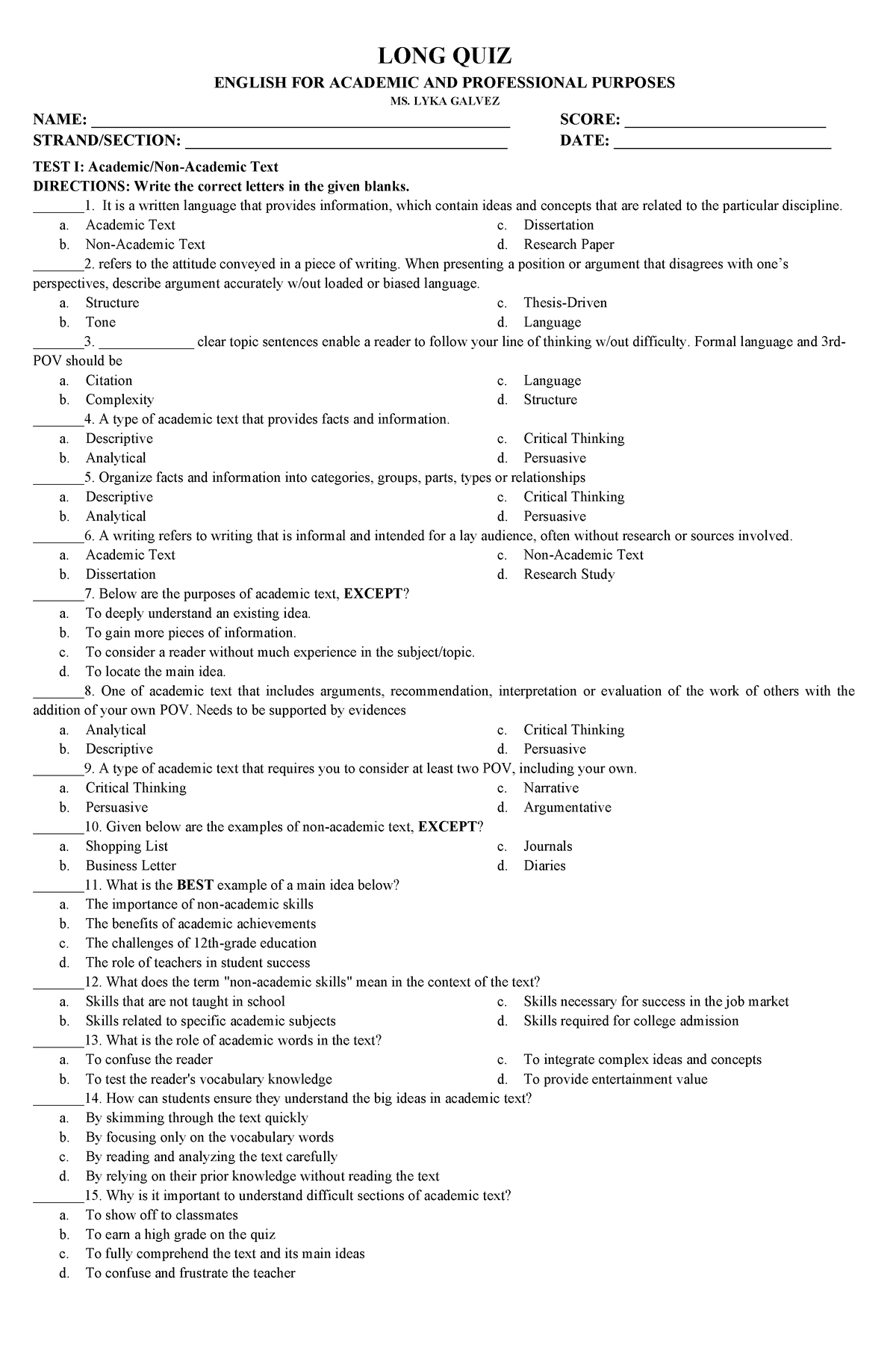 LONG QUIZ - EAPP- Midterm - LONG QUIZ ENGLISH FOR ACADEMIC AND ...