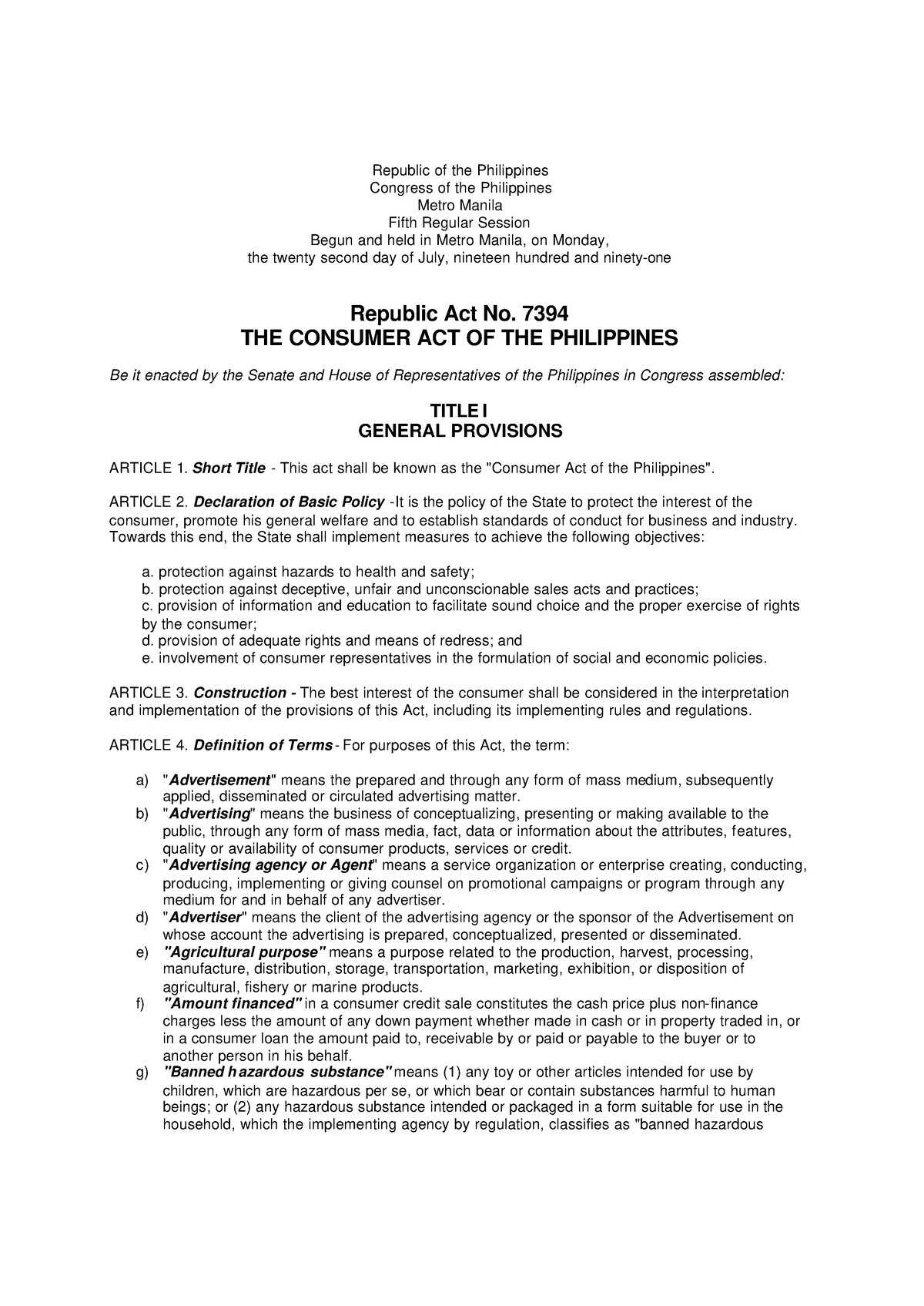 ra7394-ra-7394-the-consumer-act-of-the-philippines-republic-of-the