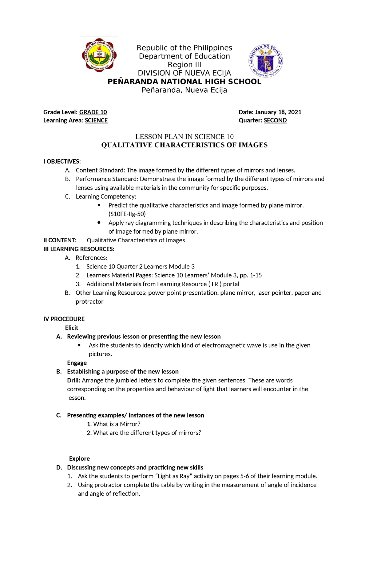 Lesson plan in plane mirror - Republic of the Philippines Department of ...