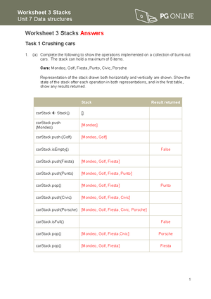 Data structures Worksheet 3 Stacks - (a) Complete the following to show ...