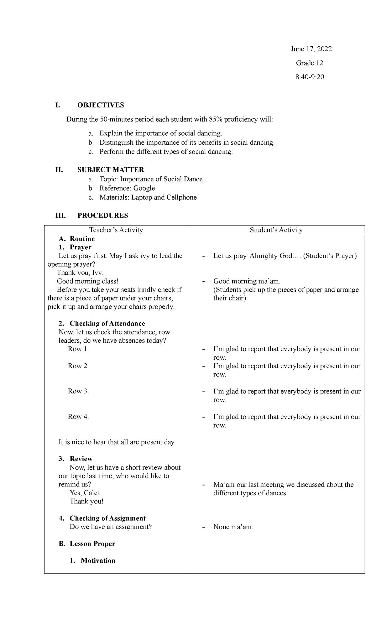 Detailed Lesson Plan - June 17, 2022 Grade 12 8:40-9: I. OBJECTIVES ...