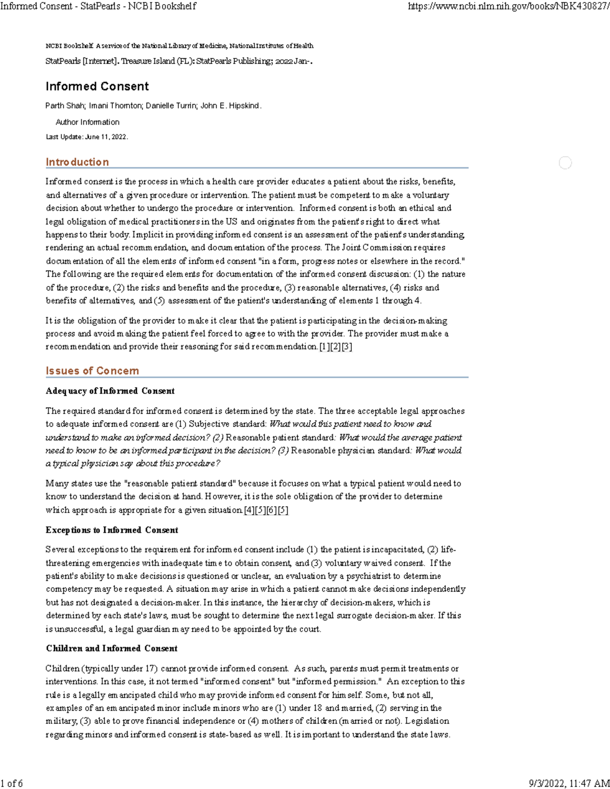 Informed Consent - Stat Pearls - NCBI Bookshelf - NCBI Bookshelf. A ...