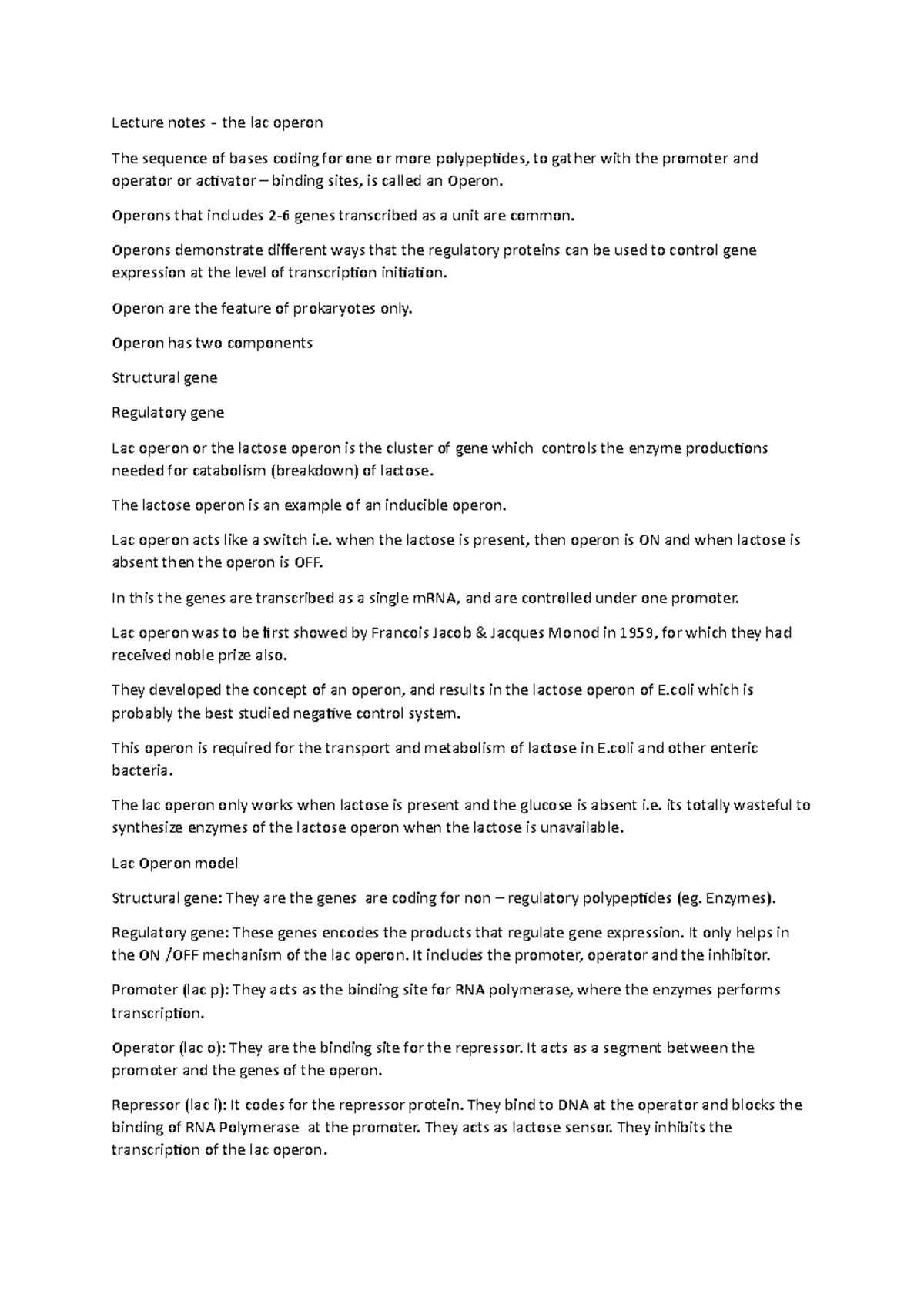 Lecture notes - the lac operon - Operons that includes 2-6 genes ...