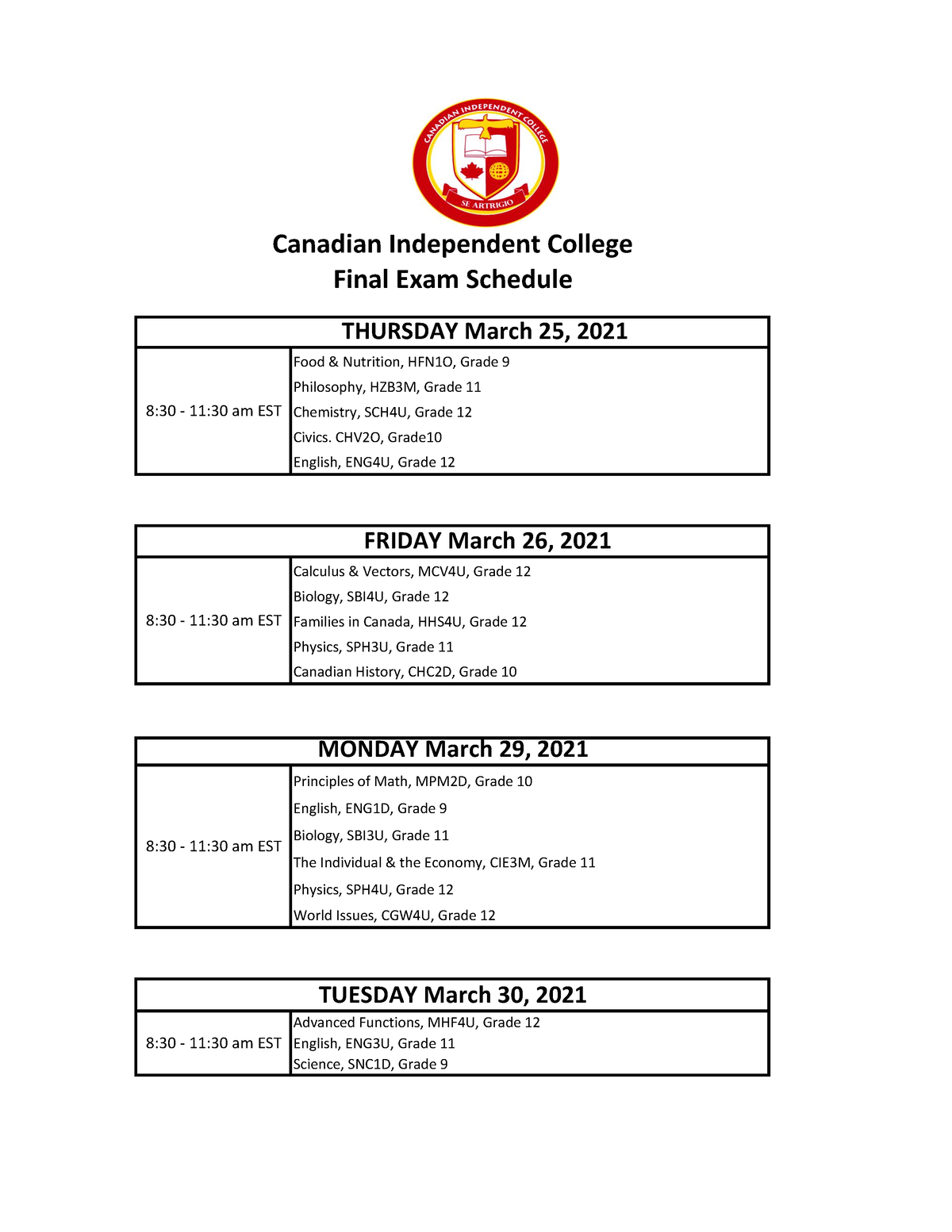 Final Exam Schedule Mar 2021 Canadian Independent College Final Exam