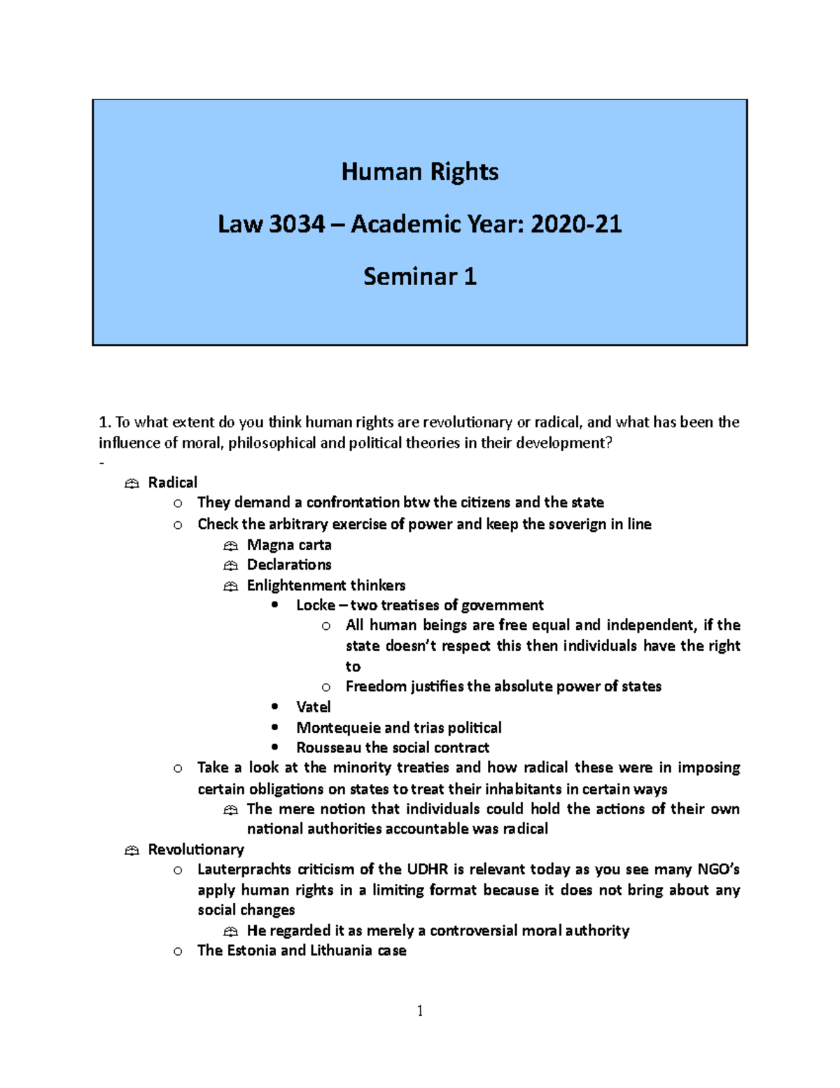 Seminar 1 - Tutorial questions week 1 - Human Rights Law 3034 ...