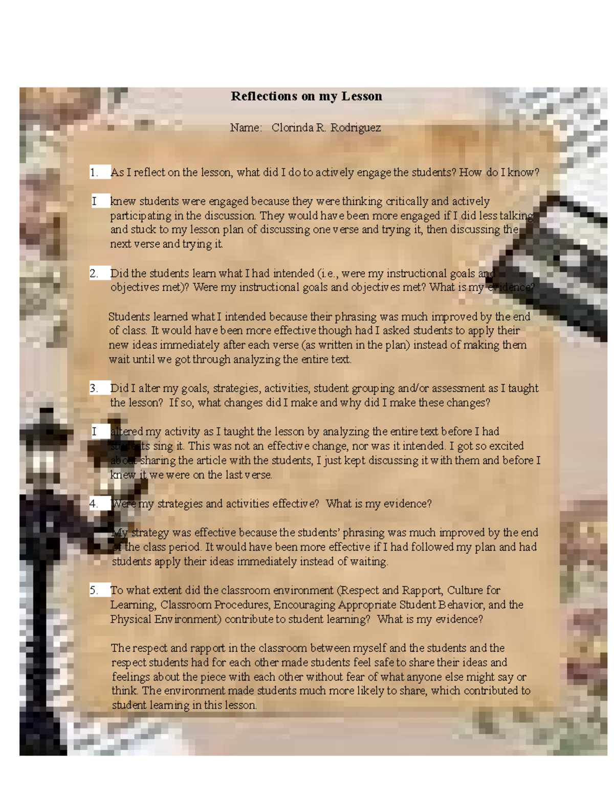 My reflection - for refence - Reflections on my Lesson Name: Clorinda R ...