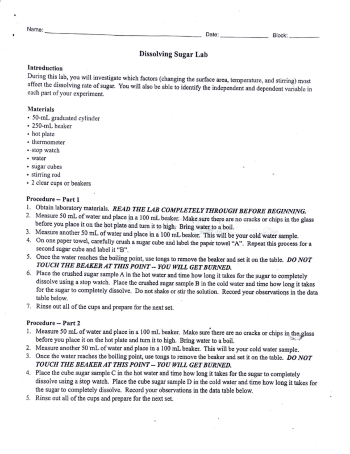 Dissolving+Sugar+Lab+(Variables+&+Constants) - Name: - Date ...