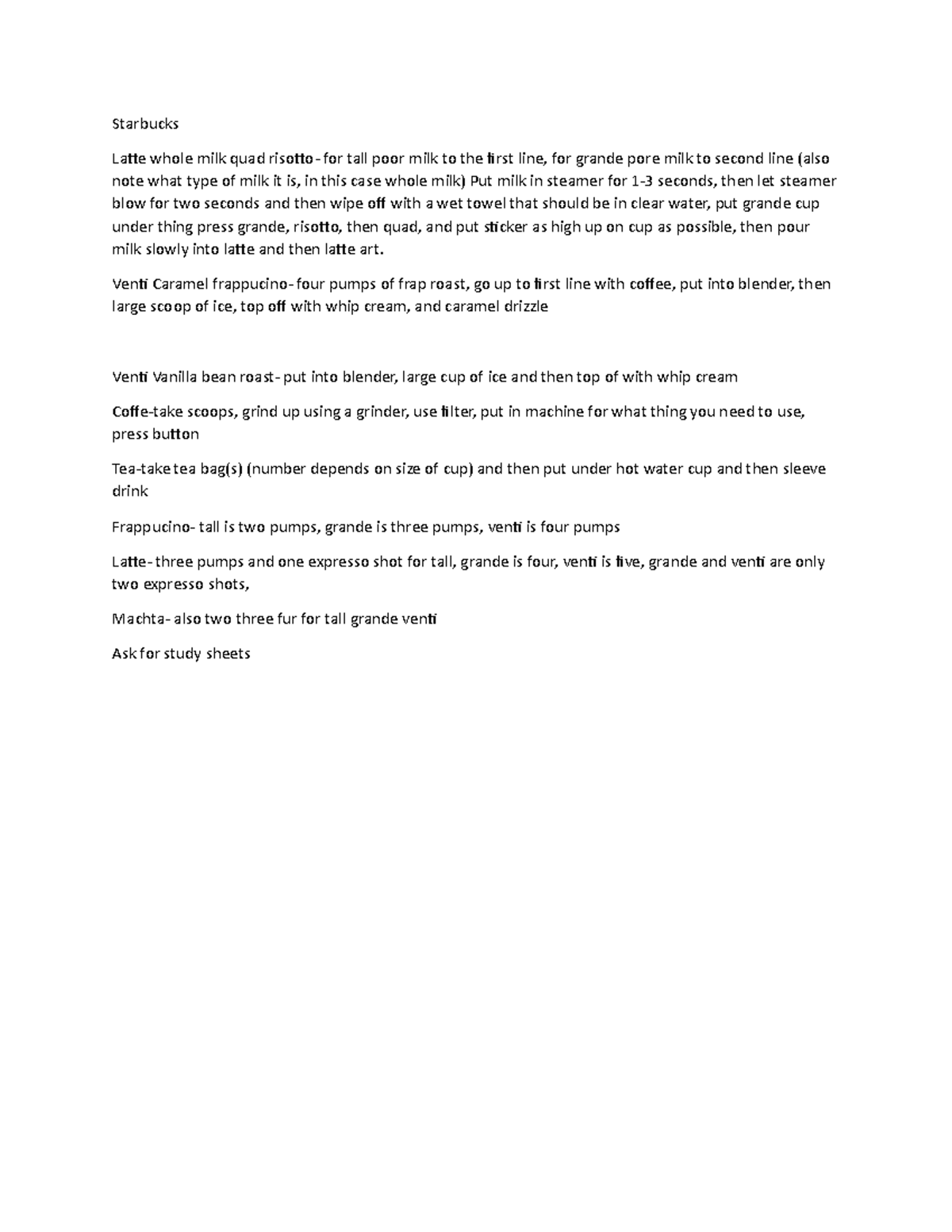 Starbucks - Math Class Notes - Starbucks Latte whole milk quad risotto ...