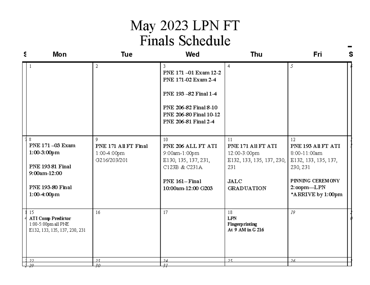 Spring 2023 Finals Exam LPN FT schedule - S Mon Tue Wed Thu Fri S 1 2 3 ...