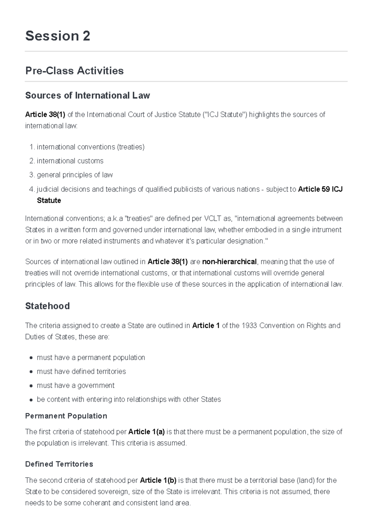 Public International Law - Session 2 Notes - Session 2 Pre-Class ...